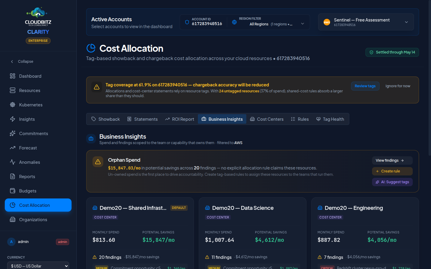 Business Insights — per-cost-center cards with monthly spend and potential savings