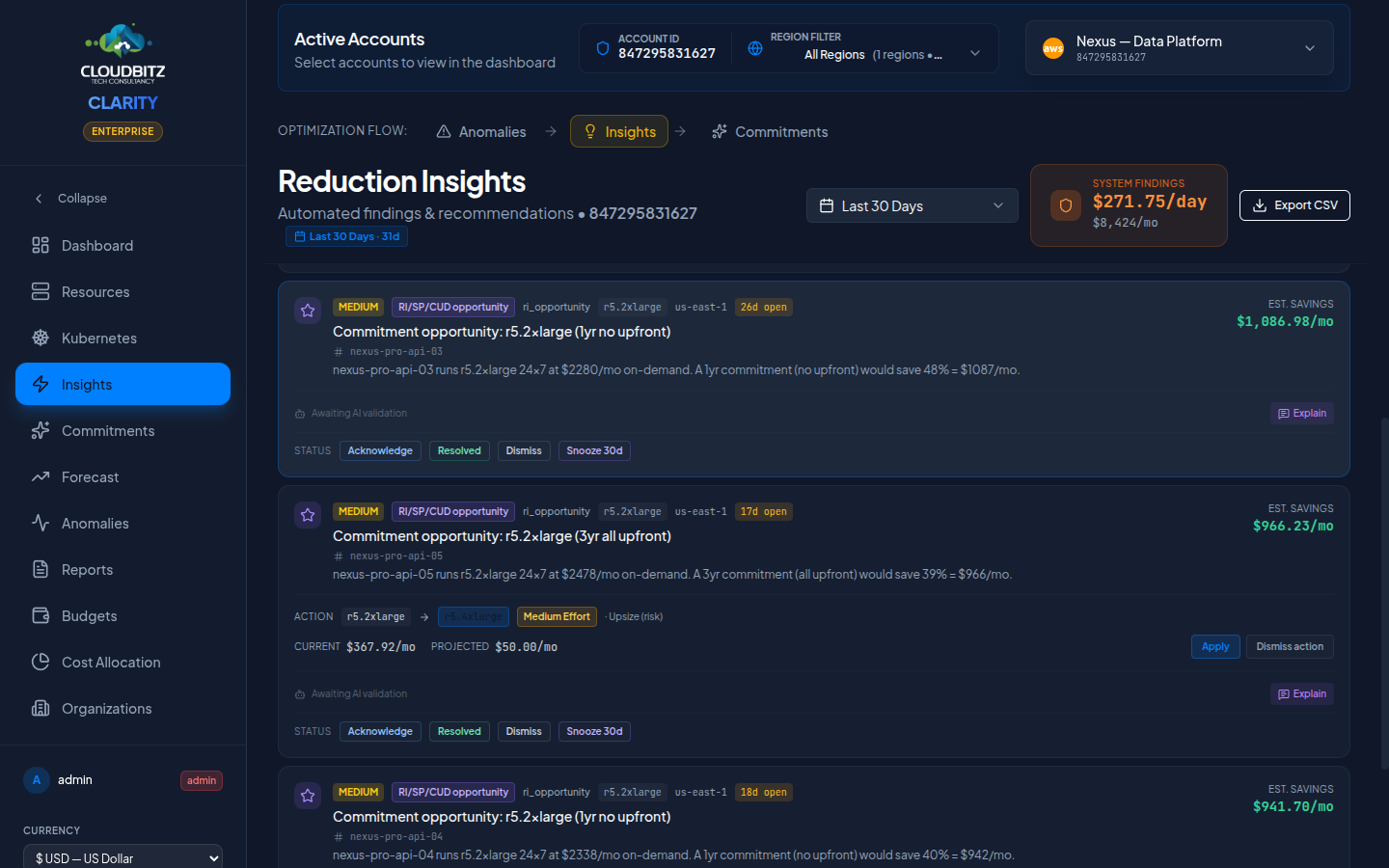 Insights action block — current → recommended swap, projected cost, Apply button