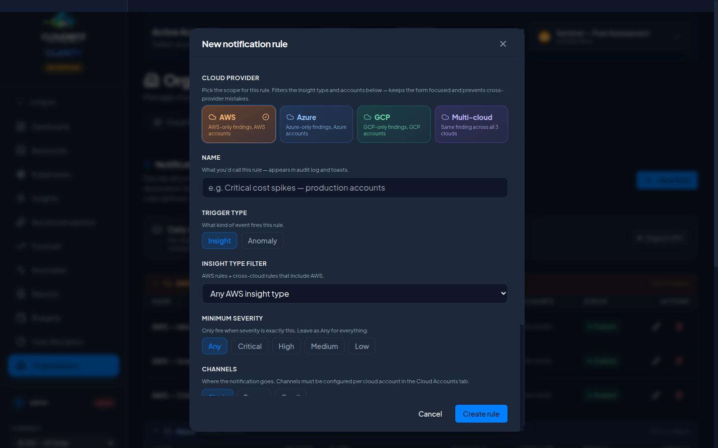 New notification rule modal — Cloud Provider tabs (AWS / Azure / GCP / Multi-cloud), insight type filter, severity buttons